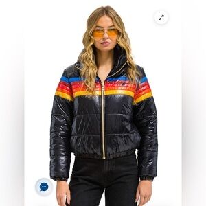 Aviator Nation Black Puffer Jacket with Rainbow stripes-Glossy Black NWOT
